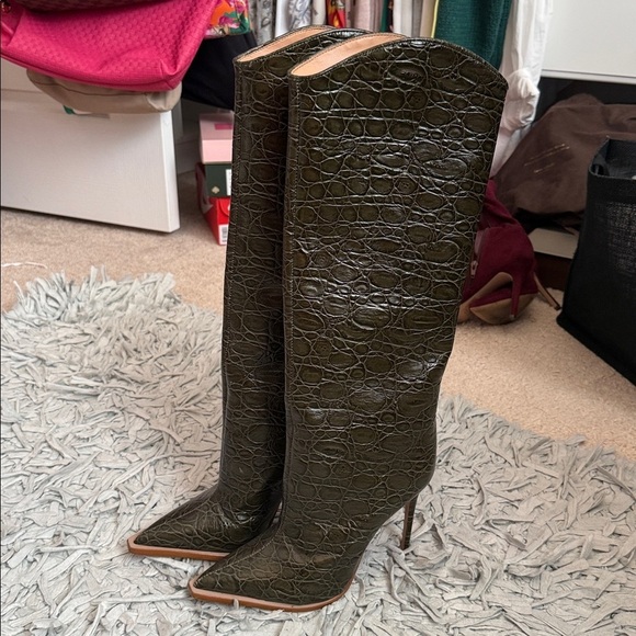 SCHUTZ Shoes - Maryana Welt Wild Leather Boot Military Green Crocodile-Embossed Leather